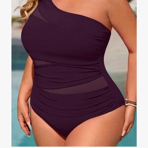 Plus Size One-Shoulder Mesh-Panel Swim One-Piece in Deep Purple